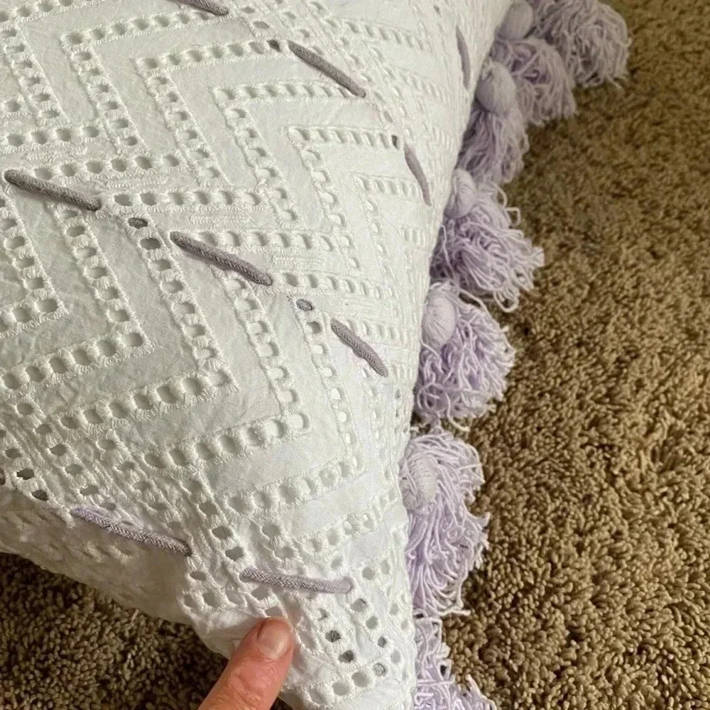 Anthropologie tasseled eyelet lavender pillow white purple tassels 22x22 square